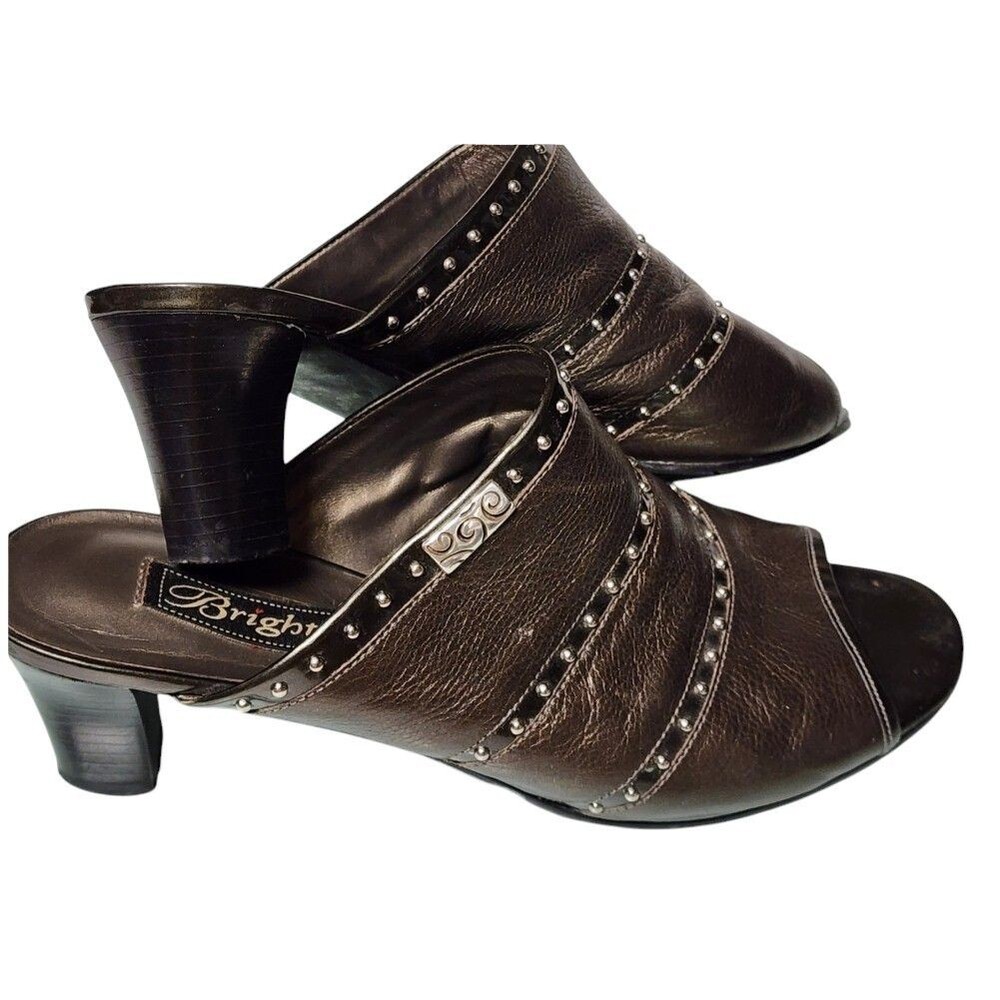 Brighton 'Teri' Size 9 Pewter Leather Peep Toe Studded Mules